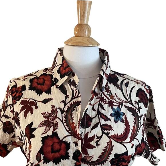 Cotton Blend Floral Short Sleeve Button Down Shirt/Blouse Ivory, Red, Blue, M - Picture 2 of 12